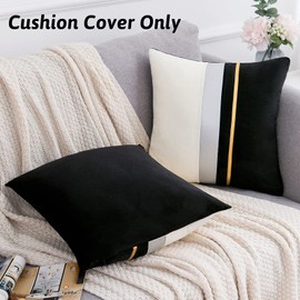 Black Cushion Covers 18x18 Velvet Soft Decorative Square Throw Pillow Case with Gold Striped Leather Modern Cozy Pillowcase for Sofa Couch Bedroom Living Room Outdoor Home Decor, 45cmx45cm