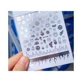 Generic Happy Emoticons Fire Flame Flowers Nail Decal Sticker Xh774Sa Silver Nail Wraps Art Stickers Manicure Supplies for Women for Home Nails Full Long Lasting Easy Apply and Remove