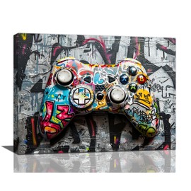 Graffiti Gaming Room Decor Wall Art Banksy Gaming Gamepad Pictures Canvas Wall Decor Boys Room Print Painting Artwork Cool Pop Street Decorations for Gamer Room Bathroom Bedroom framed 12"x16"