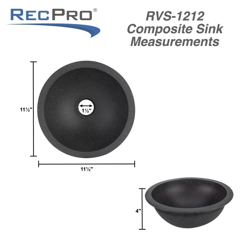 RecPro RV Sink 12" Round Bathroom Sink Granite Black Hydrophobic