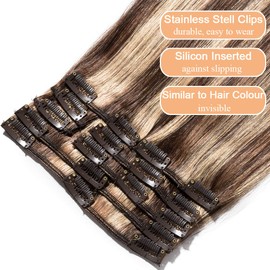Elailite Hair Extensions Clip in Real Hair Remy Human Hair Balayage - 8 Pcs Invisible Thin Weft - Mix #4/27 Medium Brown & Dark Blonde - 14 Inch (60 g)