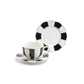 Grace Teaware Black and White Scallop Fine Porcelain Tea Cup and Saucer with Gold Trim