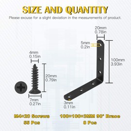 Mardatt Black L Brackets Corner Brace 90 Degree Angle Brackets with Self Tapping Screws Set for Chair Shelves Cabinet Furniture Repair Joint Support (100x100mm/3.93")