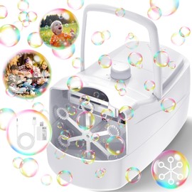 Bubble Machine, Automatic 18000+ Per Minute Big Bubbles Blower Maker for Kids Toddlers with 2 Speeds,6 Wands,Operated by Plugin or Batteries for Outdoor/Indoor Birthday Parties,Wedding (White)
