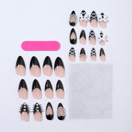 Black French Tip Press on Nails Handmade Fake Nails with 3D Bow Pearl Heart Designs 24 Pcs Medium Almond Reusable Acrylic Nail Full Cover Stick on Nail for Fashion Women No Glue WYFHDT