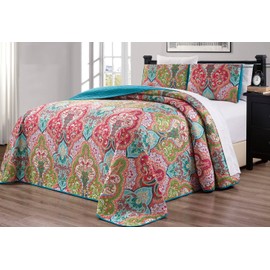 3-Piece Oversize (115" X 95") Fine Printed Prewashed Boho Decor Quilt Set Reversible Bedspread Coverlet (California) Cal King Size Bed Cover (Turquoise Blue, Sage Green, Orange, Terra Cotta Red)