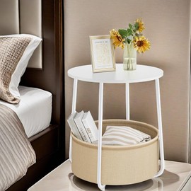 GlasFlength Small Round Side End Table with Fabric Basket, Modern Accent Nightstand, Bedside Table with Storage for Living Room Bedroom Small Spaces, Beige Basket