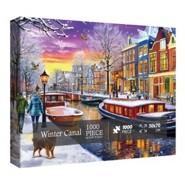 Colorful Winter Amsterdam Puzzle for Adults 1000 Pieces, Pretty Travel Landscape Jigsaw Puzzle, Dog Snowman Snow Sunset Winter Scene Puzzle