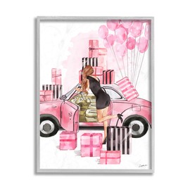 Stupell Industries Pink Fashionista Glam Car Stylish Gift Boxes, Design by Ziwei Li Grey Framed Wall Art, 11 x 14