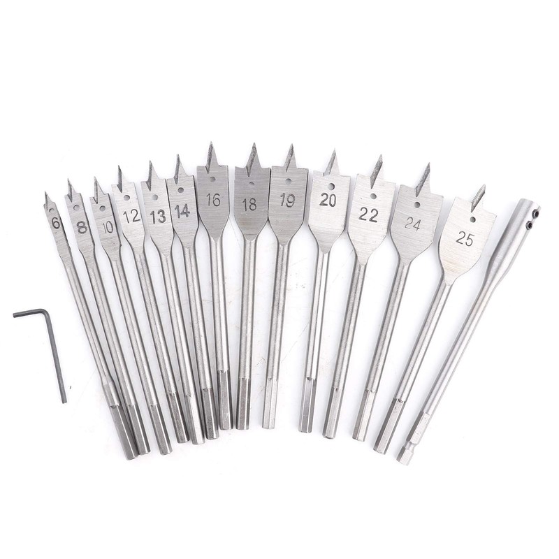 15pcs Carbon Steel Hex Shank Spade Drill Bit Set (6-25mm),