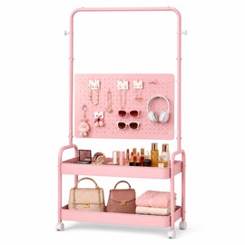 Sintuff 2 Tiers Metal Clothing Rack Display Stand with Pegboard Panel, Pink Modern Garment Rack with Wheels 63 x 26 Inches Modern Garment Closet Organizer with 8 Hooks for Women Hanging Clothes