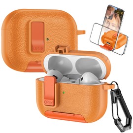 Fofvccv for AirPods Pro 2nd / 1st Leather Case with Secure Lock Clip, Support Wireless Charge, Stand and Charging Port Dustproof Design with Carabiner for AirPods Pro 2, PWJ Orange