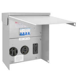 RV Temporary Power Outlet Panel RV Electrical Panel Box 20 30 and 50-Amp Receptacle with Breaker Enclosed, Lockable and Weatherproof for RV Camper Travel Trailer Motorhome