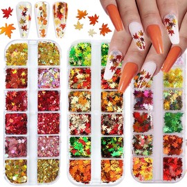 3Box Fall Leaf Glitter Nail Sequins 3D Maple Autumn Leaf Holographic Nail Art Flakes Colorful Confetti Glitter Sticker Decals Manicure Nail Art Design Makeup DIY ecorations
