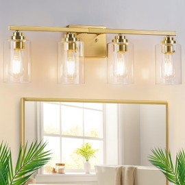 4-Light Bathroom Light Fixtures, 27" Modern Vanity Lights Over Mirror with Clear Glass Shades, Brushed Gold Vanity Lights, Classic Wall Lamp for Mirror Living Room Cabinet Bedroom Porch Kitchen