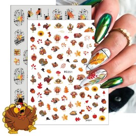 6 Sheets Fall Nail Art Stickers 3D Autumn Leaves Nail Decals Self-Adhesive Thanksgiving Nail Stickers Maple Leaves Nail Art Supplies Pumpkin Turkey Nail Designs for Women Girls DIY Manicure Decoration
