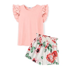 Arshiner Girls Matching Set 2 Piece Outfits Ruffle Short Sleeve T Shirts and Print Paper Bag Shorts Sets Size 9-10