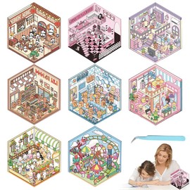 8PCS New Creative Sticker Scenes with Tweezers, 3D Isometric Room Stickers, Christmas Cute Cartoon DIY House Stickers, Cute Korean Scene Stickers for Adults and Valentine's Day Gift