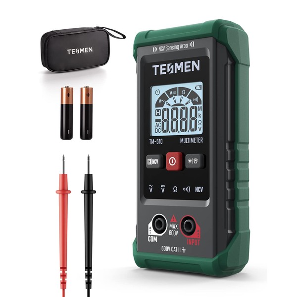TESMEN TM-510 Tester, 4000 Count Digital Mini Multimeter, Smart Measuring Auto Range, with Non-Contact Voltage Detection, AC/DC Voltmeter Resistor Continuity - Green