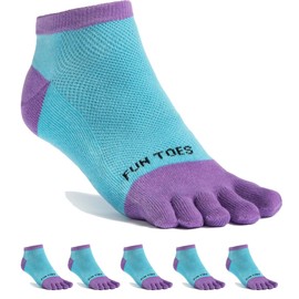 FUN TOES Women's Cotton Toe Socks-Barefoot Running- Breathable- 6 Pairs Pack-Size 9-11 Lightweight (L. Blue/Purple)