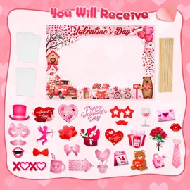 HOWAF Happy Valentine's Day Photo Booth Props with Photo Frame, Red and Pink Valentine’s Day Selfie Props for Valentine’s Day Party Supplies, Love Heart Valentines Props for Valentines Photo Supplie