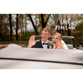 Just Married Car Decal - Beautiful & Luxurious Cursive Font - Dimensions: 14" x 8.5" - Perfect Size - Bumper Sticker, Vinyl, Just Married Car Decorations: Includes 8 Bonus Hearts <3's