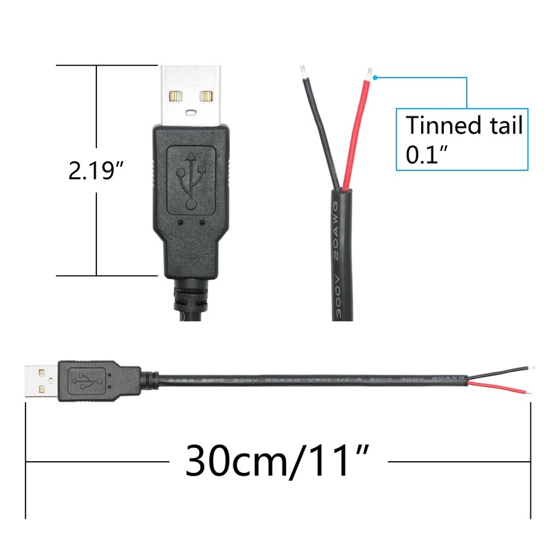 4Pcs USB A Male to 2 Pin Bare Wire 11inch,