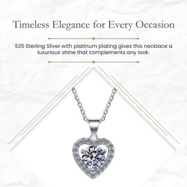 Lavand Floating Diamond Heart Necklace - 925 Sterling Silver (3.3g) with 1ct D Color Moissanite (VVS1-VVS2) & Platinum Plating - Elegant, Sparkling, and Timeless Jewelry for Everyday Glamour
