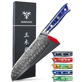 SANMUZUO Santoku Knife - 7 inch - Xuan Series - VG10 Damascus Steel Kitchen Knife - Resin Handle (Sapphire Blue)