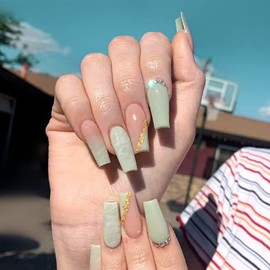 24Pcs Press on Nails Long Square Coffin Fake Nails Diamond False Nails Rhinestone Glossy Ballerina Clip on Nails Full Cover Fake Nails for Women and Girls (Diamond False Nails-F)