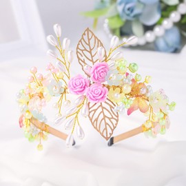 IYOU Flower Girl Headbands Gold Floral Hair Bands Pearl Birthday Wedding Hair Accessories for Girls