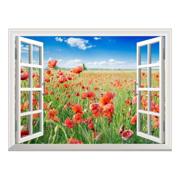 Removable Wall Sticker/Wall Mural - Beautiful Poppy Field in The Spring | Creative Window View Wall Decor - 24"x32"