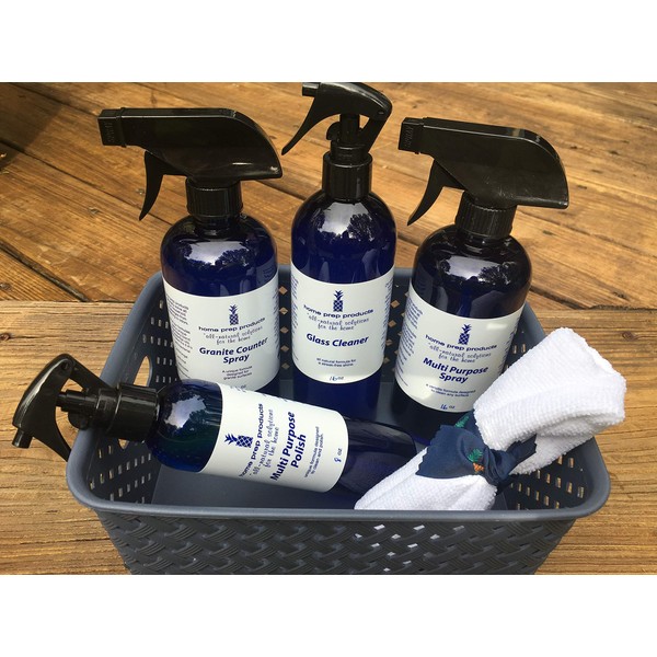 Home Prep Natural Cleaning Products Starter Kit ~ Glass Cleaner, Multi Purpose Cleaner, Granite and Hardwood Floor Cleaner and Multi Purpose Polish~ Non-Toxic, Eco-Friendly, Kid and Pet Safe.