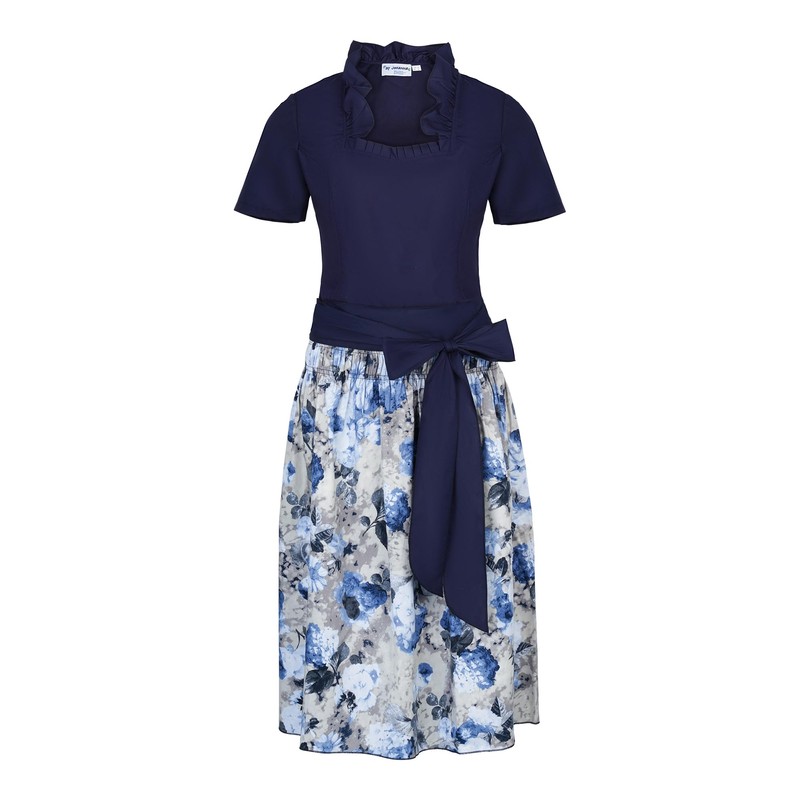 Women's Costume Skirt Dirndl Set with Bow Blue Floral Pattern