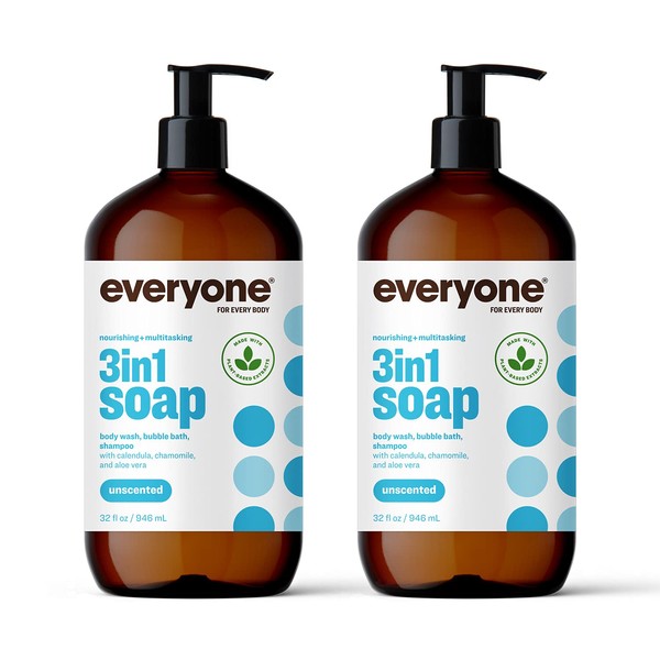 Everyone 3-in-1 Soap, Body Wash, Bubble Bath, Shampoo, 32 Fl Oz (Pack of 2), Unscented, Coconut Cleanser with Plant Extracts and Pure Essential Oils