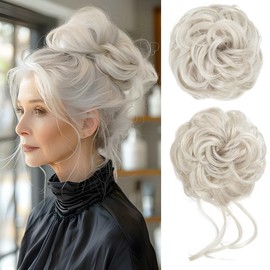 CJL HAIR 2PCS Messy Bun Hair Pieces Wavy Curly Synthetic Updo Chignon Fake Scrunchies Ponytail Extension for Women Ice Blonde