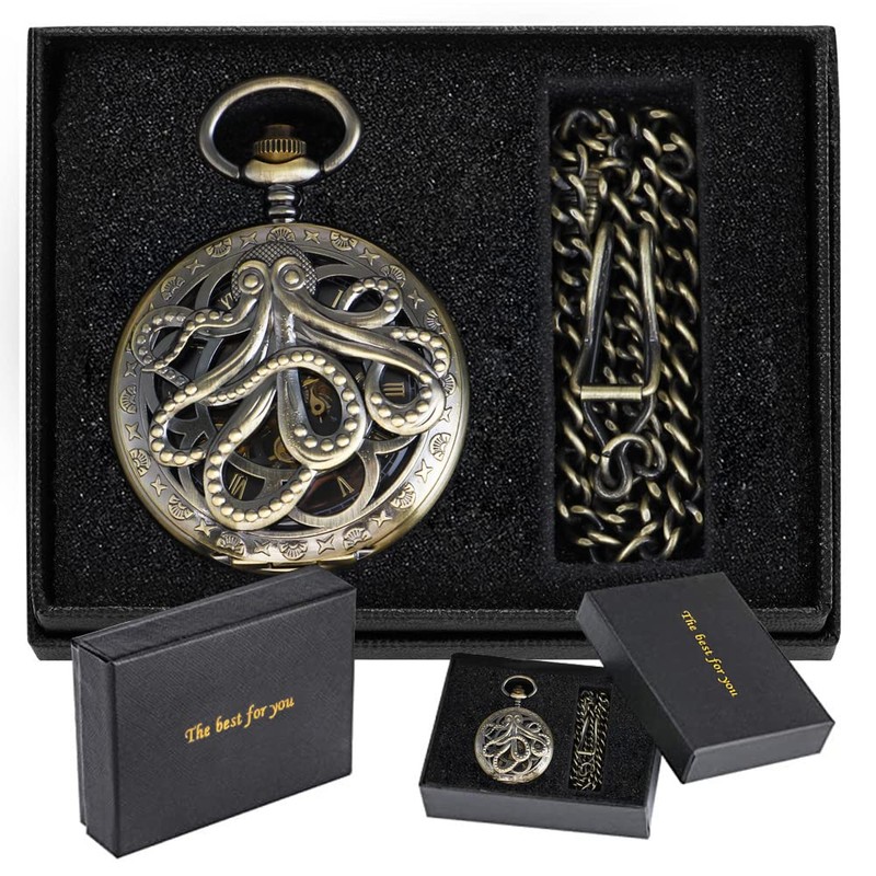 Tiong Unique Octopus Hollow Mechanical Pocket Watches with Chain Men's
