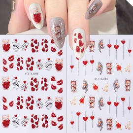Valentines Day Nail Stickers, 3D Self-Adhesive Red Valentines Nail Art Decals Heart Kiss Love French Valentine Nail Design for Women Girls (6Sheets)