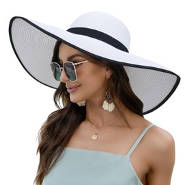 Naivlizer Women Wide Brim Sun Hat UPF50 Straw Summer Hat Floppy Beach Hat Roll-Up,White