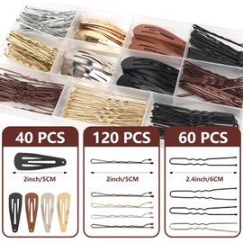 MOTIBACK 220-Piece Hair Pin Set - 120 Bobby Pins, 60 U-Shaped Hair Pins & 40 Snap Clips for Women Professional Hair Accessories Kit for All Hair Types (Brown/Black/Blonde/Silver)