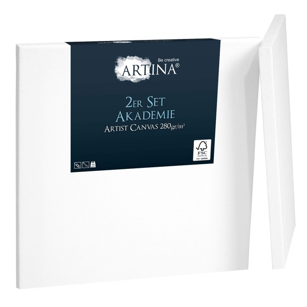 Artina Set of 2 White Paintings - 60 x 60 cm - 100% Cotton Akademie - 280 g/m² - Framed - Painters Canvas - FSC® Wooden Frame Comfortable and Durable