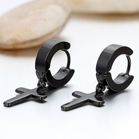 JewelryWe 2pcs Mens Stainless Steel Cross Huggie Hinged Hoop Earrings, Black