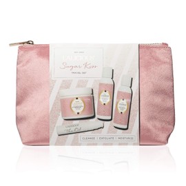 LALICIOUS Sugar Kiss Travel Set - Whipped Sugar Scrub, Shower Gel/Bubble Bath, Body Butter & Body Oil in a Luxe Velour Makeup Bag (4 Piece Kit)