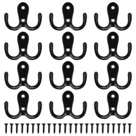 12 Pcs Door Hooks, Double Coat Hooks with 24 Screws, Wall Hooks for Door & Wall, Heavy Duty Metal Door Hooks Screw in for Hanging Robe Towel Coat Hat Bag, for Bathroom Kitchen Office Shopping Mall
