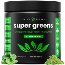NutraChamps Super Greens Powder Premium Superfood | 20+ Organic Green Veggie Whole Foods | Wheat Grass, Spirulina, Chlorella | Antioxidant, Digestive Enzyme & Probiotic Blends (9.0 Oz, Unflavored)