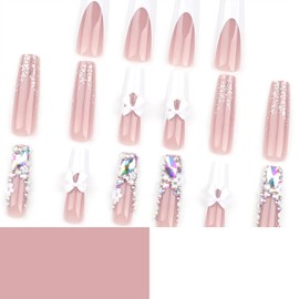 Tyuimhx White French Tip Press on Nails Square Long Fake Nails Rhinestones False Nails with 3D Flowers Bow Designs Full Cover Stick on Nails Acrylic Crystal Artificial Nails for Women 24Pcs