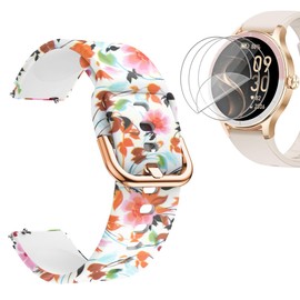 Tznzxm Replacement Bands For Fitpolo Smart watch DR06 Bands With Screen Protector, Fashion Flower Adjustable Soft Silicone Quick Release Wristband Straps For Fitpolo/TOOBUR DR06 1.27" Smartwatch