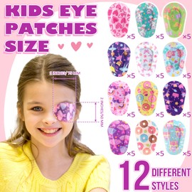 Panelee 60 Pcs Adhesive Eye Patches for Kids Girls Toddler Eye Patches Bulk Breathable Material, Light Blocking Cotton Colorful and Fun Designs Adhesive Bandages for Girls, 12 Styles