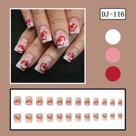 24 Pcs Heart Press on Nails Short Square Fake Nails with Red Pink Heart Designs Full Cover Nude False Nails French Tip Stick on Nails Holiday Acrylic Artificial on Nails for Women Girls DIY Nails
