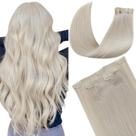 LaaVoo Seamless Hair Extensions Clip in Human Hair Blonde PU Weft Human Hair Clip in Extensions Blonde Seamless Clip in Hair Extensions Human Hair Platinum Blonde Full Head Set 16inch 7pcs 110g